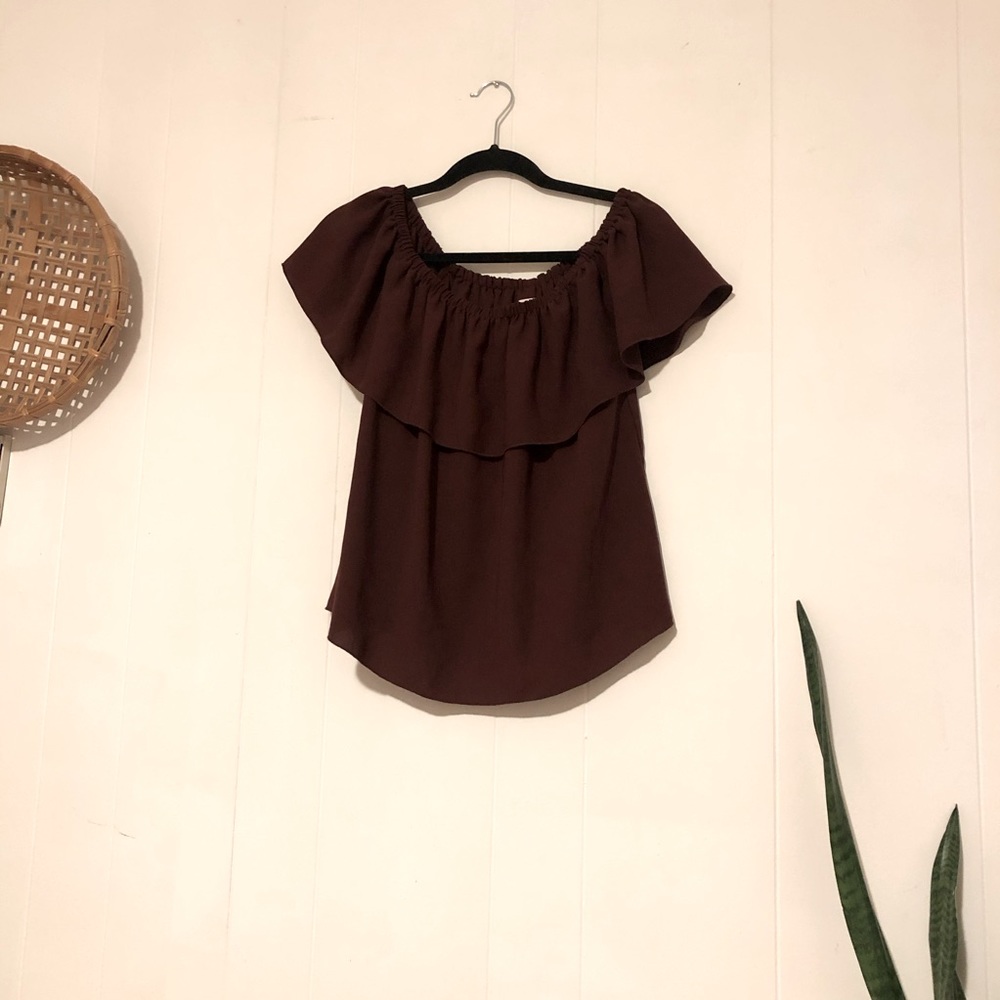 Chocolate brown off the shoulder silk Wilfred top